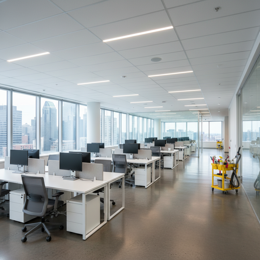 An immaculate open-concept office space in downtown Montreal, featuring freshly polished concrete floors, streak-free glass partitions, and perfectly aligned workstations free of dust or clutter. A discreet yellow cleaning cart with organized tools sits near a corridor, suggesting ongoing maintenance. Cool, diffused overhead lighting and soft daylight from large windows create crisp reflections on surfaces. Shot from a slightly elevated wide-angle perspective to showcase the entire area in photographic realism. The atmosphere is efficient, hygienic, and professional, ideal for highlighting commercial and office cleaning services that maintain a consistently spotless work environment.