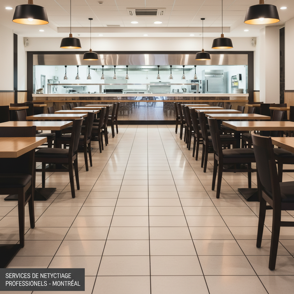 A bright, freshly cleaned restaurant dining area with polished wooden tables, perfectly aligned chairs, and a flawlessly mopped tile floor that subtly reflects overhead pendant lighting. In the background, a spotless stainless-steel pass-through window hints at a sanitized kitchen. The scene is captured in photographic realism from a slightly low, wide-angle view, emphasizing depth and the expanse of the room. Warm, even lighting enhances the welcoming yet highly hygienic atmosphere. The mood is confident and reassuring, ideal for showcasing professional cleaning services for restaurants and food establishments in Montreal.