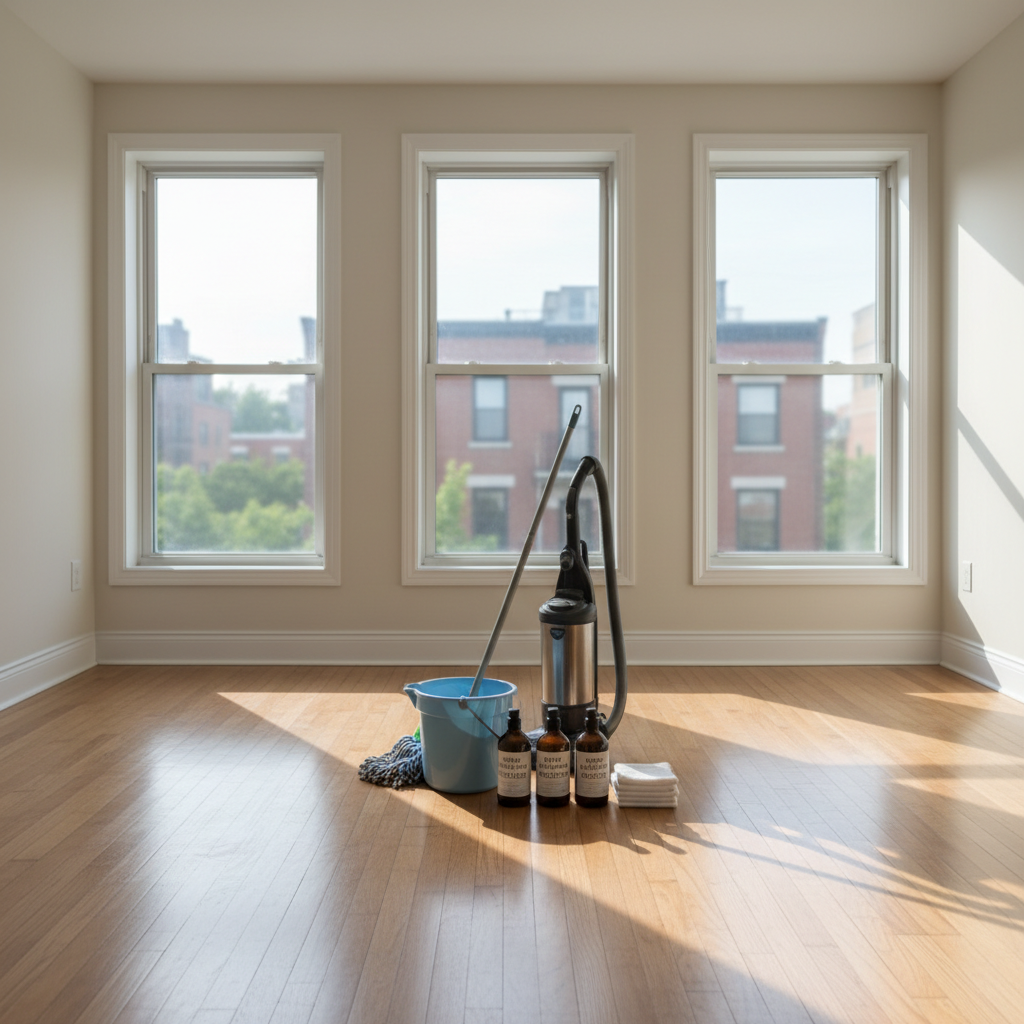 A sunlit empty apartment in Montreal prepared for move-in cleaning, featuring bare hardwood floors that have been freshly vacuumed and mopped, spotless baseboards, and streak-free windows framing a subtle urban view. In the center of the room, a neatly arranged set of cleaning tools—bucket, mop, vacuum, and eco-friendly products—suggests a thorough deep clean. Soft afternoon light filters through the windows, creating long, gentle shadows and a calm atmosphere. Photographic realism, captured from a corner at a slightly elevated angle to show the full room. The mood is fresh, renewed, and ready for new occupants.