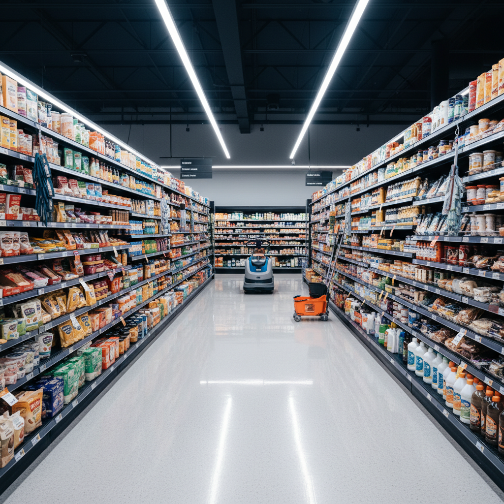A modern supermarket aisle in Montreal, floors shining from a recent deep clean, with neatly arranged shelves and dust-free product displays. A compact auto-scrubber machine is parked neatly at the end of the aisle, next to a well-organized cleaning supplies station. Bright, evenly distributed overhead lighting highlights the polished surface of the floor and the cleanliness of every visible edge. Photographic realism, shot from an eye-level perspective looking down the aisle to create strong leading lines. The mood is safe, orderly, and professional, emphasizing reliable large-scale retail cleaning services.