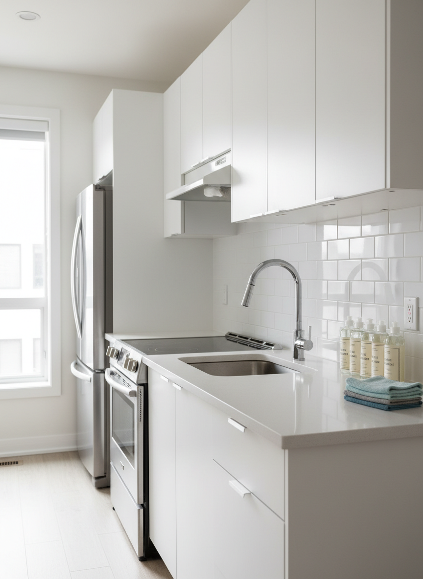 A sparkling white kitchen in a Montreal townhouse, with glossy subway tile backsplash, gleaming stainless-steel appliances, and spotless quartz countertops free of crumbs or stains. A tidy row of labeled, eco-friendly cleaning products and neatly folded microfiber cloths is arranged at the edge of the counter. Soft morning sunlight from a nearby window creates gentle highlights on the sink’s polished chrome faucet and subtle shadows along cabinet doors. Photographic realism, framed using the rule of thirds at eye level, with a calm, inviting mood that communicates meticulous residential cleaning and attention to detail.