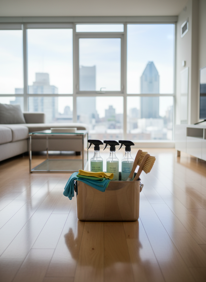 A gleaming stainless-steel cleaning caddy neatly arranged with color-coded microfiber cloths, eco-friendly spray bottles, and scrub brushes, placed on the spotless hardwood floor of a modern Montreal condo living room. Large windows reveal a soft hint of an urban skyline, while bright natural daylight pours in, reflecting off freshly cleaned surfaces and a pristine glass coffee table. Photographic realism, eye-level composition with sharp focus throughout, conveying reliability and order. The mood is professional and reassuring, with a clean, modern aesthetic that emphasizes thorough residential cleaning services and dependable results.